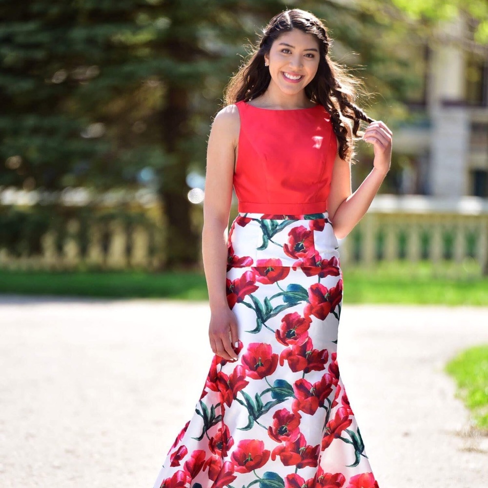 2 Piece Mermaid Prom Dress Red/White with Roses
